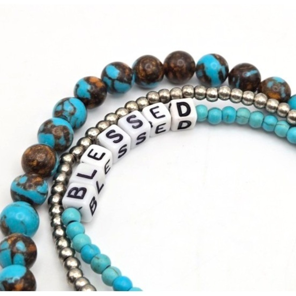 Set of 3 Bracelets Blue Turquoise Siderolite Silvertone Blessed Slide Clasp Cord